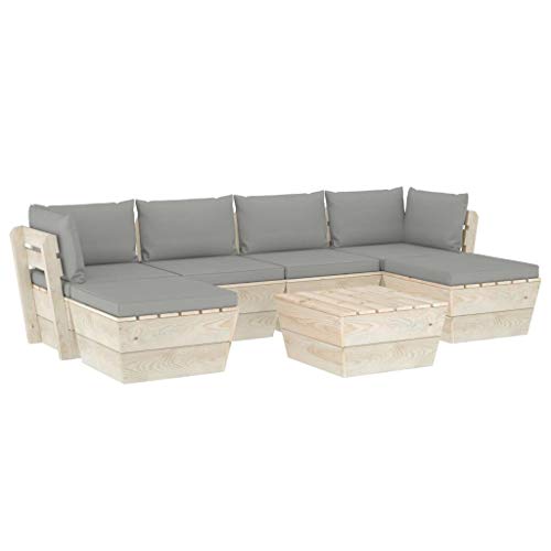 SKM Set Divani da Giardino su Pallet 7 pz con Cuscini Legno Abete (125.7kg) Grigio