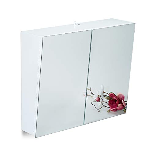 Relaxdays Armadietto da Bagno a Specchio, 2 Ante, Mobiletto Pensile, Presa Elettrica Integrata, Metallo, Bianco, HBT 50 x 60 x 18 cm
