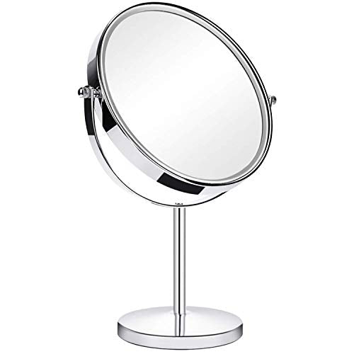 ANGNYA Specchio Trucco da Tavolo, Doppia Faccia Specchio Ingranditore 5X/1X, Specchio da Bagno Rotazione a 360︒ Stile Retrò, Bordo e Piedistallo Trasparente，Argento, Supporto Cromato