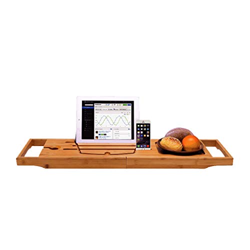 AnnYGJ Supporto per Vasca, Installazione Gratuita di bambù Bagno Multifunzionale per Tablet iPad per Cellulare, Retrattile 74-113 cm, Adatto per la Maggior Parte delle vasche negli Hotel Domestici