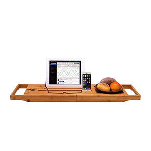 AnnYGJ Supporto per Vasca, Installazione Gratuita di bambù Bagno Multifunzionale per Tablet iPad per Cellulare, Retrattile 74-113 cm, Adatto per la Maggior Parte delle vasche negli Hotel Domestici