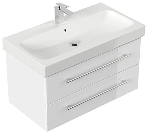 emotion Lavabo con mobiletto, Legno, Bianco Lucido, 90, 2 unità