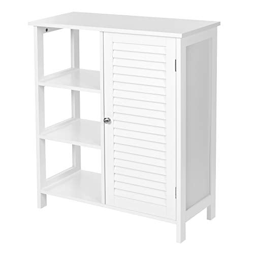 VASAGLE Mobiletto da Bagno, Armadietto con Anta a Persiana, 3 Ripiani Aperti, 1 Livello Interno Regolabile, 70 x 30 x 80 cm, Stile Scandinavo, Bianco Opaco BBC140W01