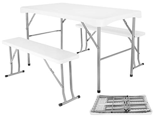 MT MALATEC Mobili da giardino con panchina da birreria, tavolo e panchina da campeggio, picnic, colore: bianco 9995