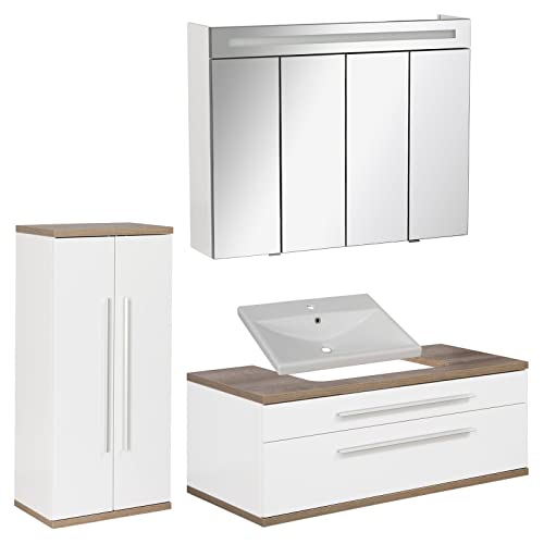 FACKELMANN Set di mobili da bagno Stanford 4 pezzi, con mobiletto sospeso e vasca in ceramica da 110 cm e armadietto a specchio a LED