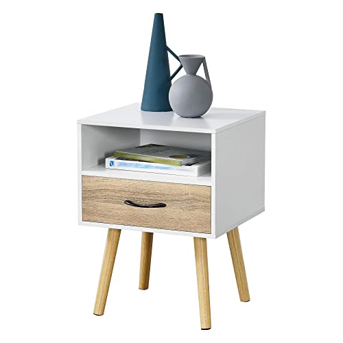 Comodino da Notte con Cassetto e Scomparto Portaoggetti 57 x 42 x 40 cm Tavolino da Divano a 4 Gambe in Legno Tavolo Basso da Salotto/Soggiorno/Camera da Notte - Bianco/Effetto Rovere