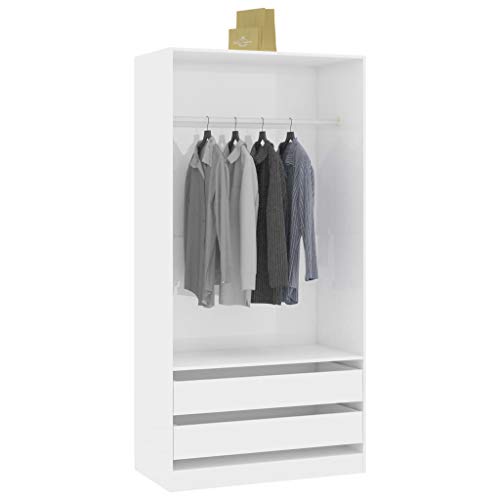 GOTOTOP Armadio Aperto Appendiabiti 100 x 50 x 200 cm Armadio Aperto Camera da Letto con 2 Cassetti 1 Ampio Scomparto con Asta per Appendere i Vestiti -Bianco lucido