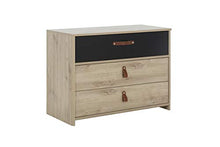Cassettiera con 3 cassetti, in rovere beige e nero, per camera da letto, design contemporaneo, collezione Aramis