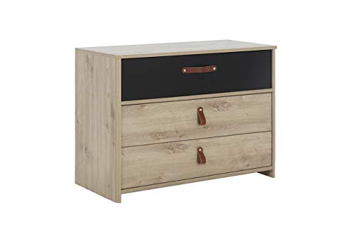 Cassettiera con 3 cassetti, in rovere beige e nero, per camera da letto, design contemporaneo, collezione Aramis