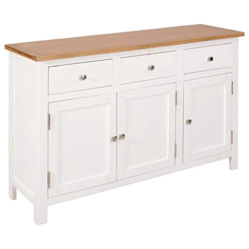 GOTOTOP Mobile Credenza in legno massello 110 x 33,5 x 70 cm Credenza con 3 cassetti e 2 armadietti Cassettiera Bassa Armadio Laterale Mobiletto di Servizio -Bianco e marrone