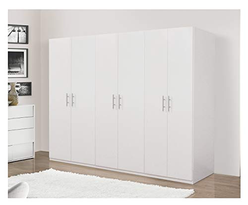 Dmora Armadio a 6 Ante battenti, Bianco Opaco,con Tubo Appendiabiti cm 207x 53 x h202
