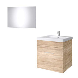 Planetmöbel Lavabo con mobiletto da 60 cm, in rovere Sonoma, set di mobili da bagno con lavabo in ceramica e specchio per il bagno