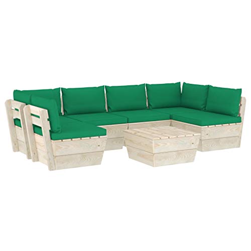 SKM Set Divani da Giardino su Pallet 7 pz con Cuscini Legno Abete (133.9kg) Verde-3593