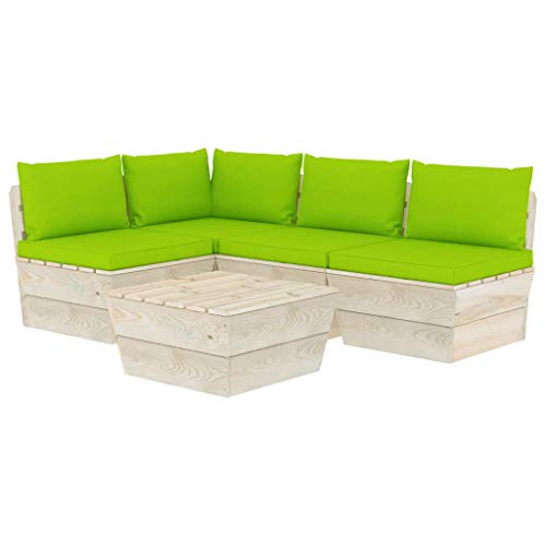 SKM Set Divani da Giardino su Pallet 5 pz con Cuscini Legno Abete (92.5kg) Verde-3491