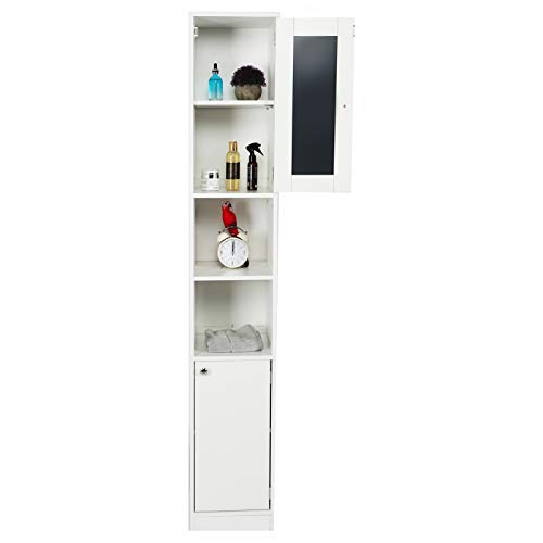 Armadietto da Bagno, Mobile Alto per il Bagno con Specchio e 2 Scomparti Aperti, Mobile a Colonna per Bagno Alto Mobiletto Bagno Salvaspazio, 28,8 x 29,8 x 179,5 cm