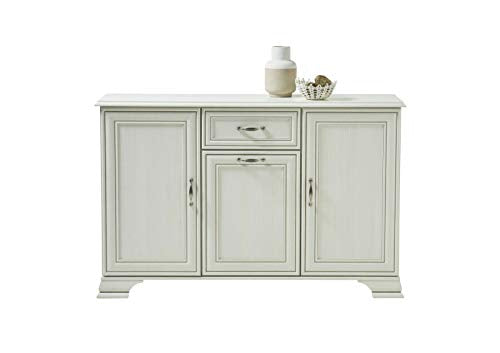 Credenza Venedig 3 porte, 1 cassetto, bianco usato, con maniglie in metallo e MDF