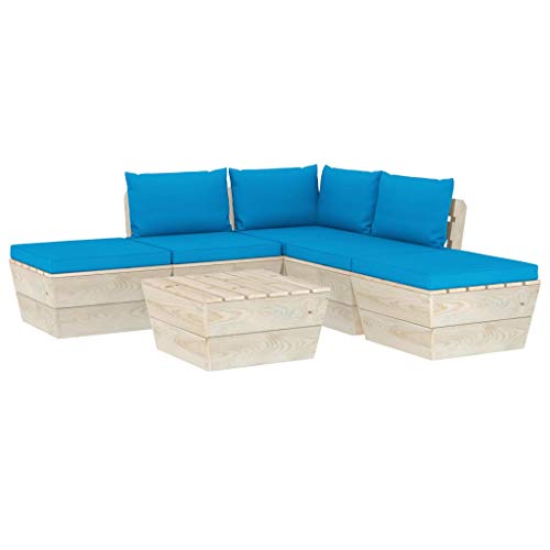 SKM Set Divani da Giardino su Pallet 6 pz con Cuscini Legno Abete (93.1kg) Blu-3496