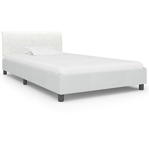 Festnight Struttura Letto Singolo Moderno in Ecopelle Bianco,Giroletto Singolo in Ecopelle,Letto in Ecopelle,Letto Singolo Moderno,Letto a Doghe,Telaio Letto Singolo 90x200/100x200/120x200 cm