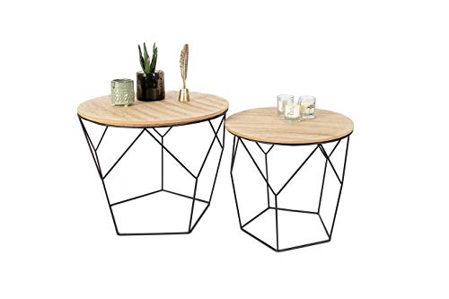 LIFA LIVING Tavolini da soggiorno design in Set da 2, Tavolinetto da salotto moderno per divano, Tavolino basso rotondo vintage in legno e metallo, Tavolinetti cucina con funzione contenitore