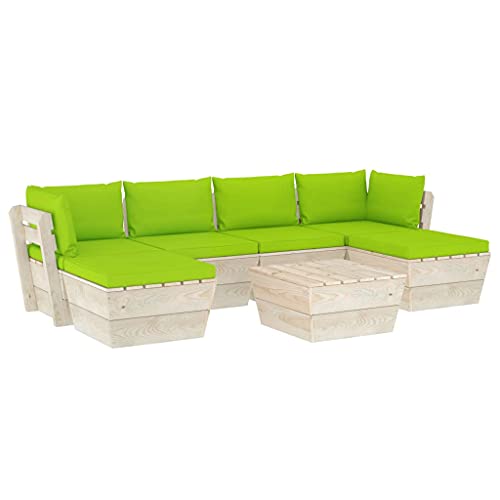 SKM Set Divani da Giardino su Pallet 7 pz con Cuscini Legno Abete (125.7kg) Verde-3587