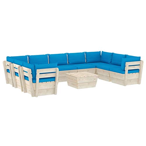 SKM Set Divani da Giardino su Pallet 10 pz con Cuscini Legno Abete (197.9kg) Blu-3628