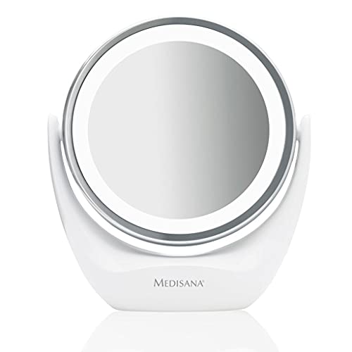 medisana CM 835 specchio da trucco rotondo - Specchio da tavolo con illuminazione a LED e ingrandimento 5x - Specchio da trucco con funzione di rotazione a 360°