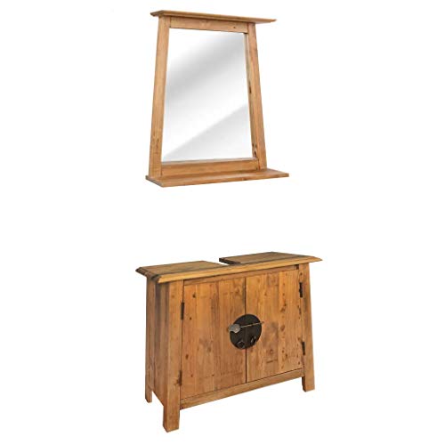 GOTOTOP Set Mobili per il Bagno in Legno Massello di Pino Riciclato,Mobile sottolavabo con un ampio vano e specchio,Stile vintage,Facile da assemblare