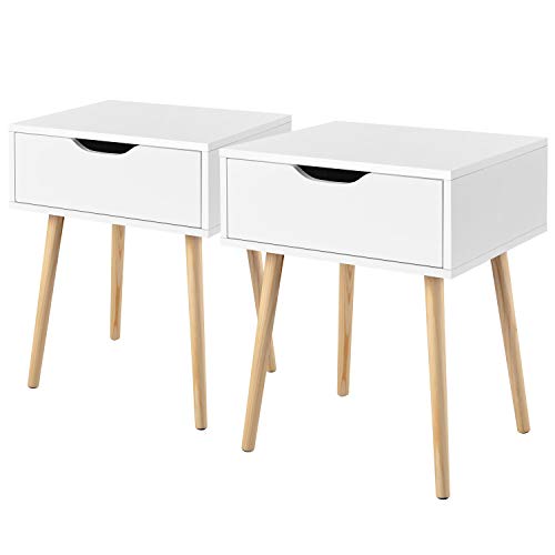 Yaheetech Set 2 Comodino Camera da Letto Bianco Comodino con Cassetto Gambe in Legno Mobiletto Organizzatore da Letto 48,5 x 41 x 57,5 cm Tavolini d'Appoggio Tavolino Lato Moderno da Divano Salotto