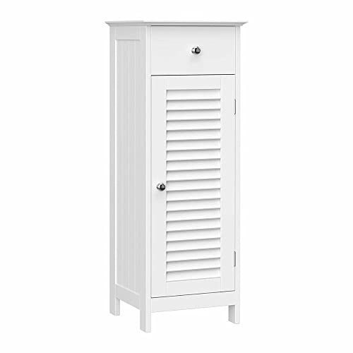 VASAGLE Mobiletto da Bagno, Armadietto Salvaspazio con Cassetto e Anta a Persiana, Struttura in MDF, 32 x 30 x 87 cm, Bianco BBC43WT