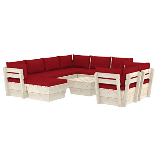 SKM Set Divani da Giardino su Pallet 10 pz con Cuscini Legno Abete (197.6kg) Rosso-3681