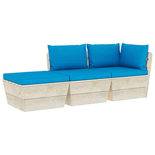 SKM Set Divani da Giardino su Pallet 3 pz con Cuscini Legno Abete (56.1kg) Blu-3424