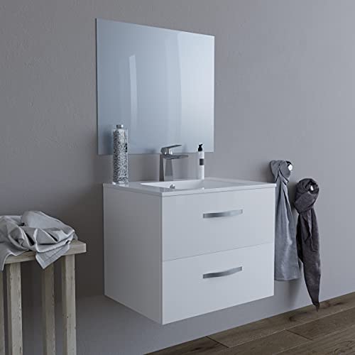 Mobile bagno SOSPESO 60 cm con lavabo in ceramica e specchio con cassetti BIANCO LINDA 8260