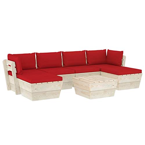 SKM Set Divani da Giardino su Pallet 7 pz con Cuscini Legno Abete (125.7kg) Rosso-3582