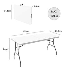 Tavolo Trasportabile, Tavolo Portatile Pieghevole, 152 x 76 cm, Bianco, Pieghevole a metà, Materiale: HDPE, Carico massimo: 100 kg