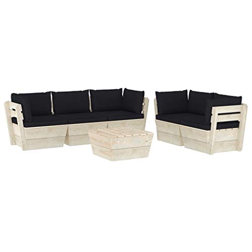 SKM Set Divani da Giardino su Pallet 6 pz con Cuscini Legno Abete (122.7kg) Nero