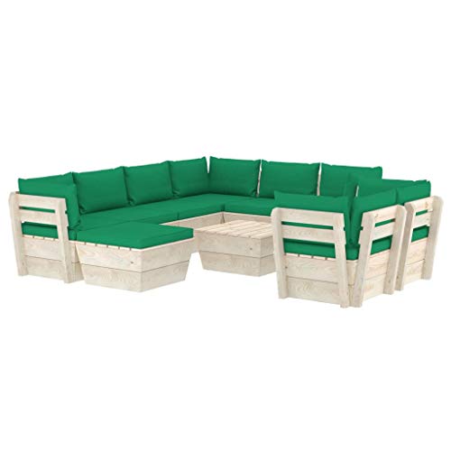 SKM Set Divani da Giardino su Pallet 10 pz con Cuscini Legno Abete (197.6kg) Verde-3677