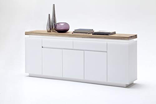 Möbel-Store24 Romino M48995MW5 - Credenza in legno di quercia massiccio, con porta laccata, 200 cm, colore: Bianco opaco