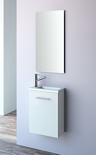 Yellowshop - Mobile Mobiletto da Bagno Sospeso in Legno Cm 40 Completo di Specchiera E Lavabo Arredo Modello Micro Colore Bianco