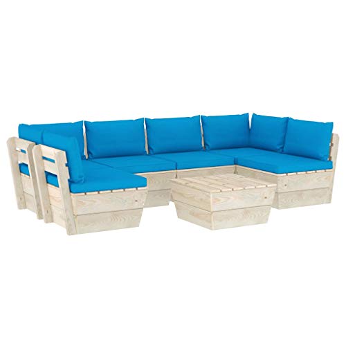SKM Set Divani da Giardino su Pallet 7 pz con Cuscini Legno Abete (133.9kg) Blu-3592