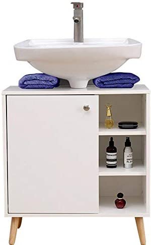 Etnicart - Mobiletto sottolavabo per bagno 62(L) x32x67 armadietto sottolavello cucina in legno con sportello ripiani bianco gambe vintage-