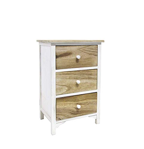 Rebecca Mobili Comodino Cassettiera 3 Cassetti Legno Paulownia Bianco Marrone Vintage Shabby Camera Bagno (cod. RE4460)