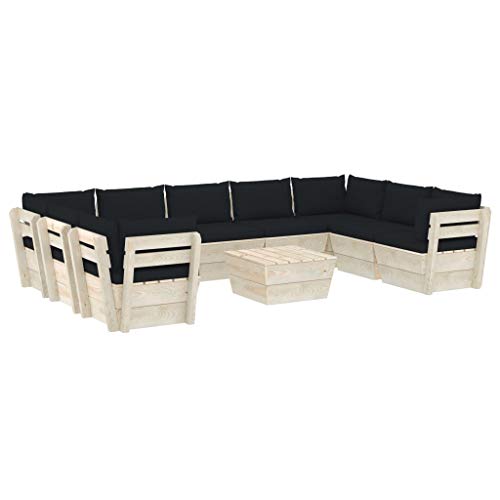 SKM Set Divani da Giardino su Pallet 10 pz con Cuscini Legno Abete (197.9kg) Nero