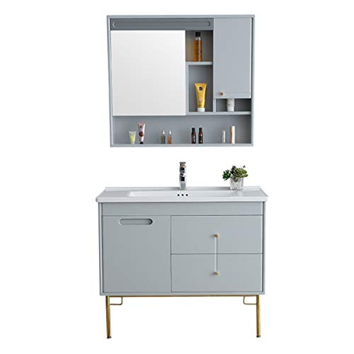 Set di Mobiletti Specchio e Lavabo Mobile Bagno in Legno Semplice, vanità in Ceramica e armadietto Specchio, armadietto da Bagno a Muro (Color : Gray, Size : 50x101x85cm)