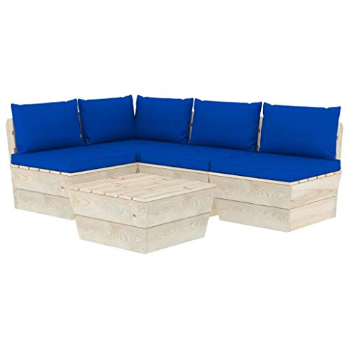 SKM Set Divani da Giardino su Pallet 5 pz con Cuscini Legno Abete (92.5kg) Blu-3490