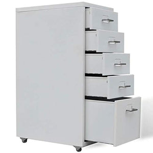 Cassettiere in Acciaio per Ufficio, Mobile, Comodino, Armadietto con 5 Cassetti, 4 rotelle, 28 x 41 x 68,5 cm