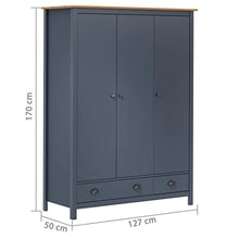 vidaXL Armadio a 3 Ante Hill Range Grigio 127x50x170cm Massello Pino