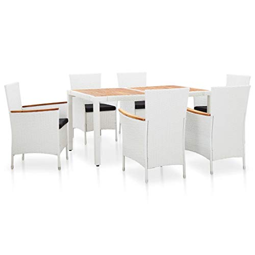 Tidyard Set 7 pz da Pranzo da Giardino in Polyrattan Bianco e Legno d'Acacia,Set da Giardino Tavolo e Sedie in Rattan,Set Tavolo e Sedie da Pranzo da Giardino Esterno,Tavolo e 6 Poltrone in Rattan