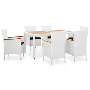 Tidyard Set 7 pz da Pranzo da Giardino in Polyrattan Bianco e Legno d'Acacia,Set da Giardino Tavolo e Sedie in Rattan,Set Tavolo e Sedie da Pranzo da Giardino Esterno,Tavolo e 6 Poltrone in Rattan