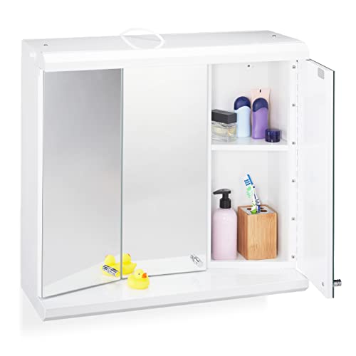 Relaxdays Armadietto a Specchio con LED, 3 Ante, 6 Scomparti, Presa Elettrica, Mobiletto Pensile, Acciaio, Bianco, 58 x 60 x 23 cm