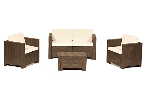 GrecoShop Divano con Poltrone e Tavolino/Salotto/Salottino in Polyrattan per Esterno/Arredo Giardino - MOD. Dubai Choco/Brown/Marrone